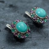 Turquoise Victorian Earrings - Colorful Flower Studs - Genuine Turquoise Earrings