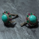 Turquoise Victorian Earrings - Colorful Flower Studs - Genuine Turquoise Earrings