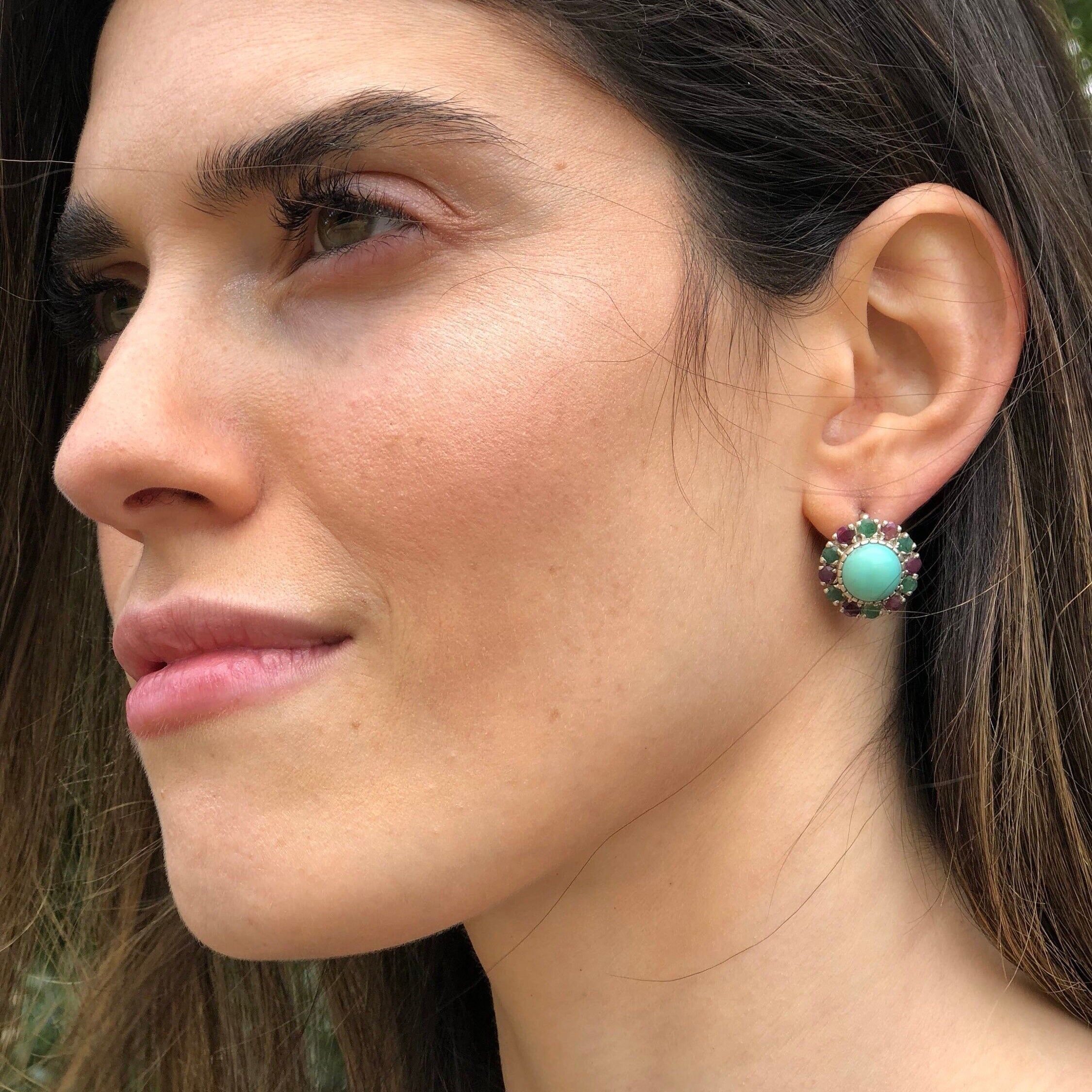 Turquoise Earrings, Natural Turquoise, Victorian Earrings, Vintage Earrings, Emerald Earrings, Ruby Earrings, December Birthstone, Vintage