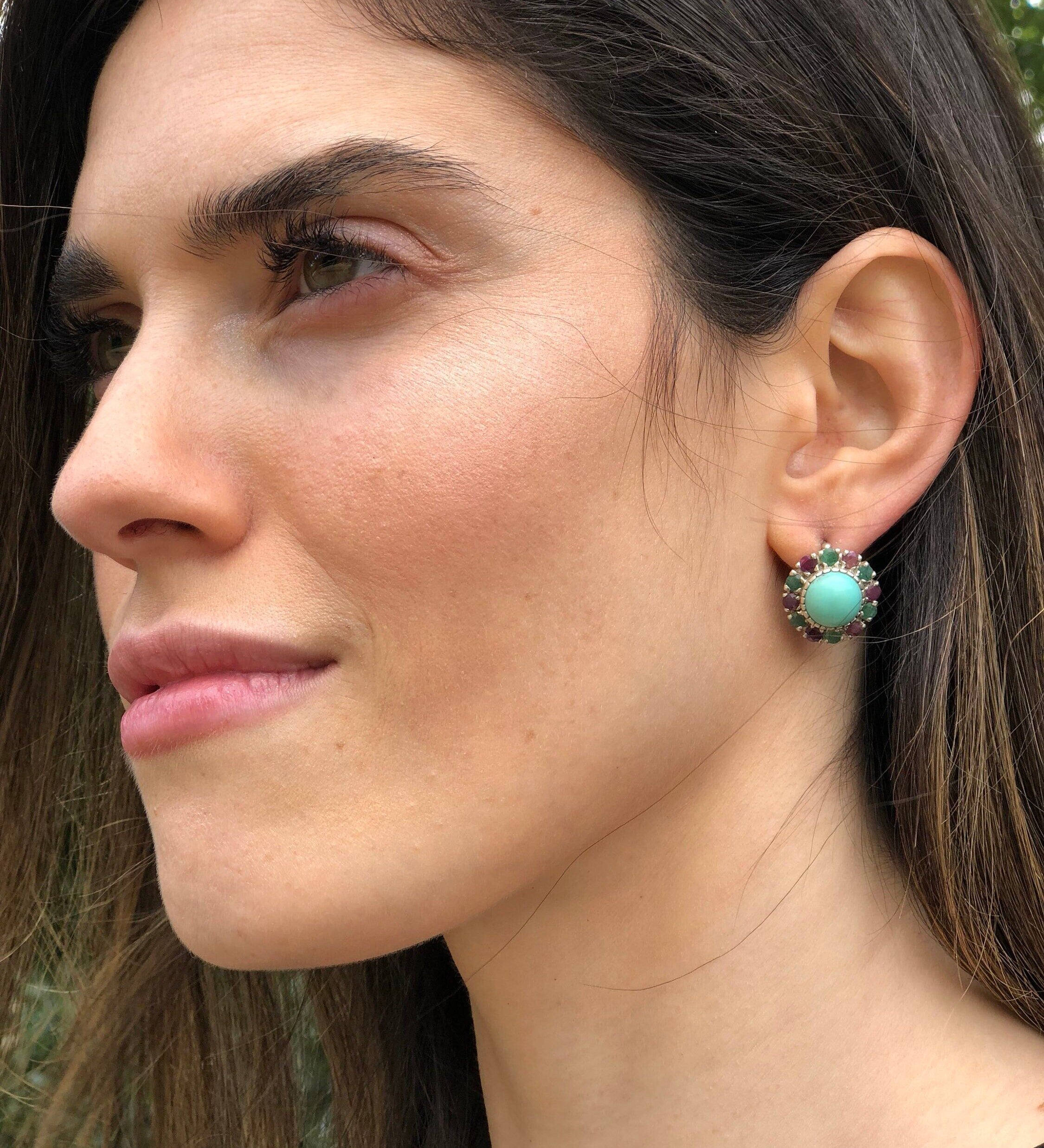Turquoise Earrings, Natural Turquoise, Victorian Earrings, Vintage Earrings, Emerald Earrings, Ruby Earrings, December Birthstone, Vintage