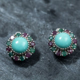 Turquoise Victorian Earrings - Colorful Flower Studs - Genuine Turquoise Earrings