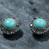 Turquoise Victorian Earrings - Colorful Flower Studs - Genuine Turquoise Earrings