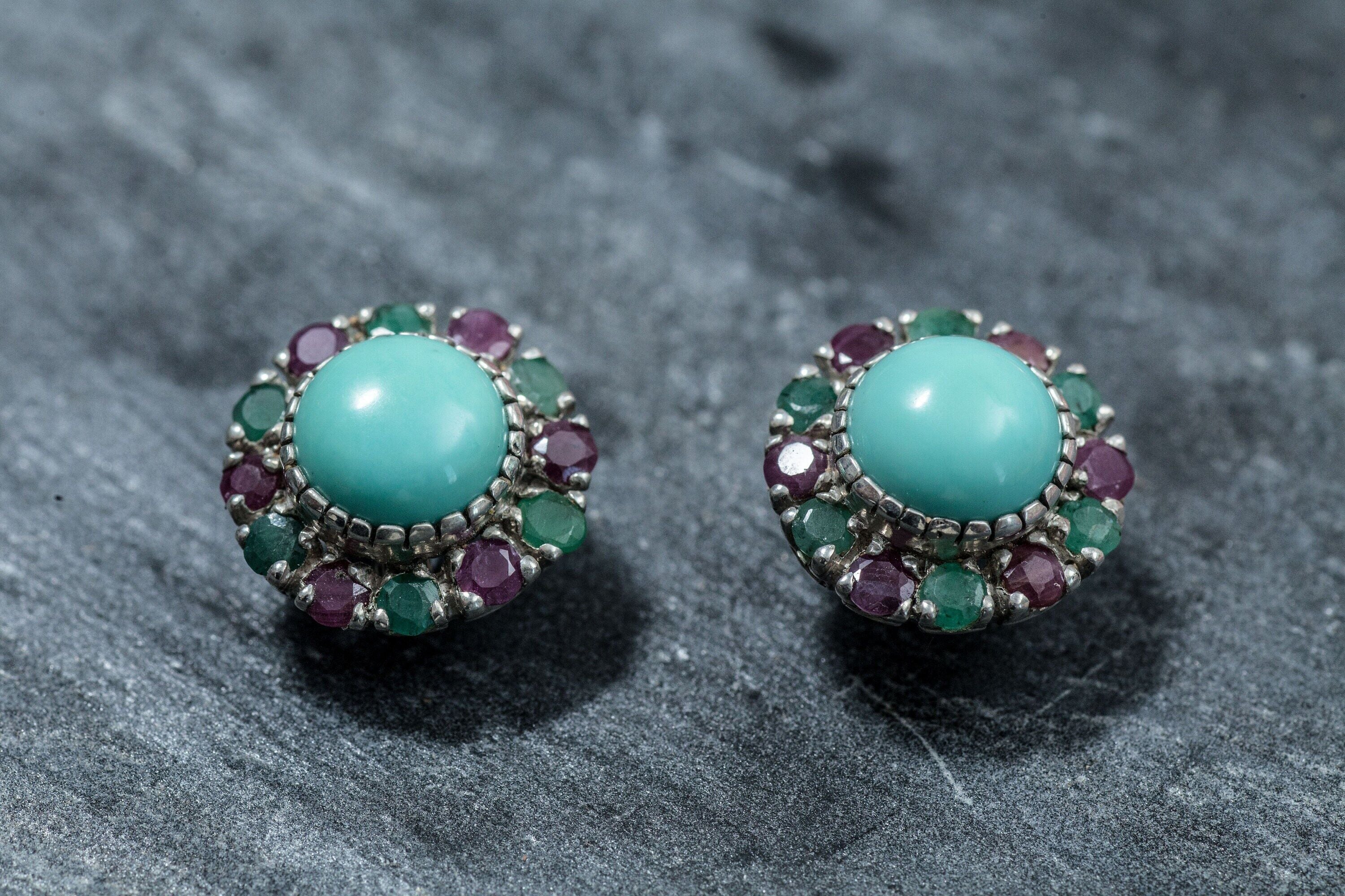 Turquoise Earrings, Natural Turquoise, Victorian Earrings, Vintage Earrings, Emerald Earrings, Ruby Earrings, December Birthstone, Vintage