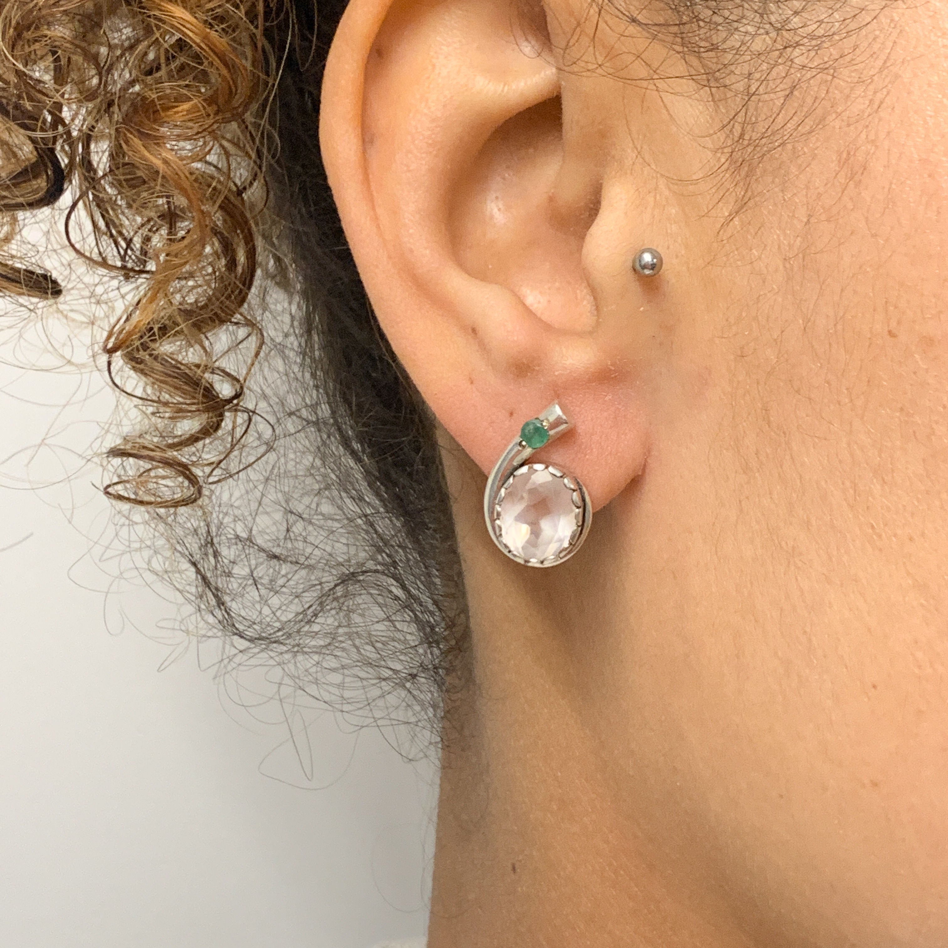Rose Quartz Earrings, Natural Rose Quartz, Emerald Earrings, Natural Emerald, Pink Earrings, Vintage Earrings, Silver Earrings, Rose Quartz