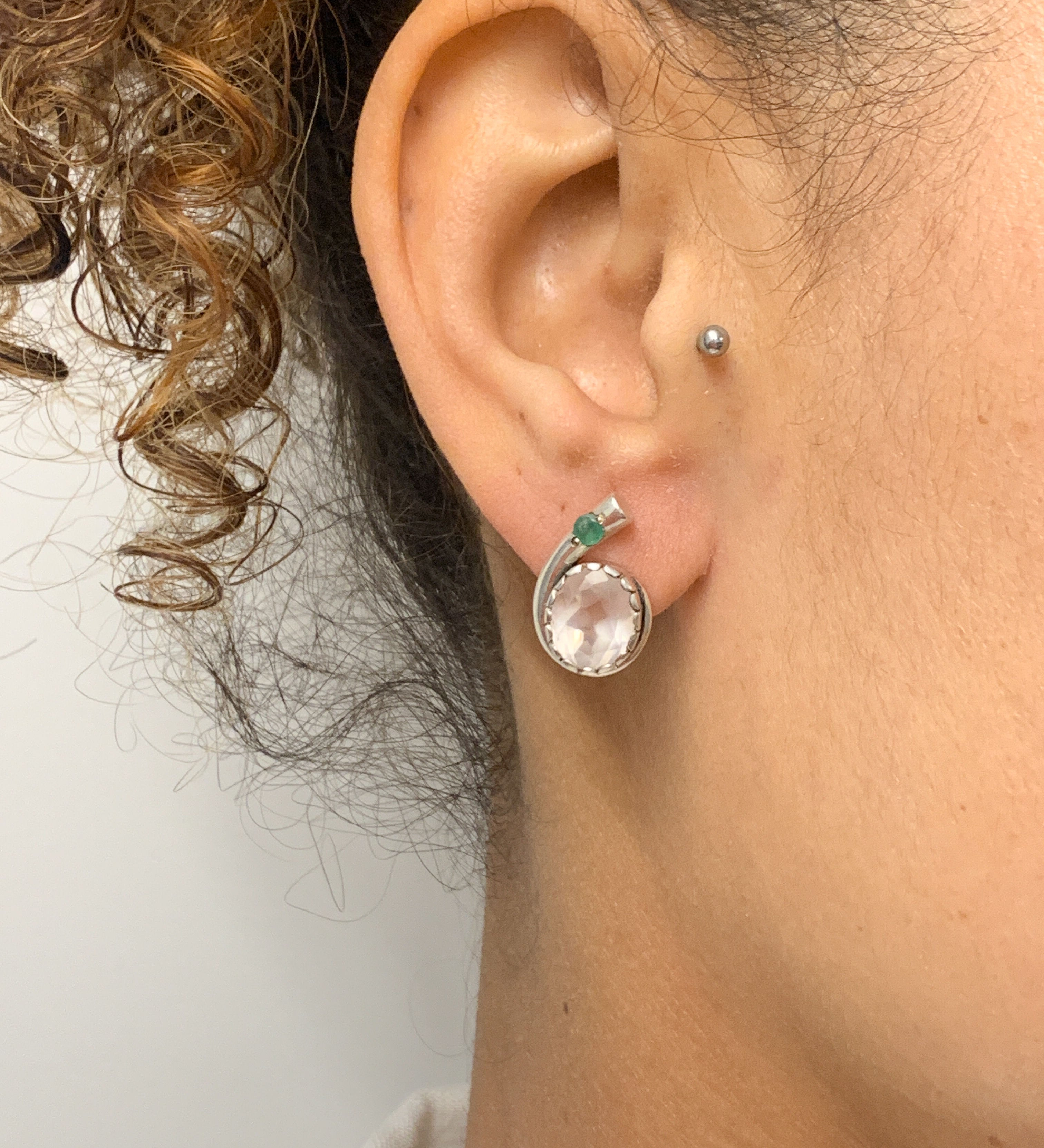 Rose Quartz Earrings, Natural Rose Quartz, Emerald Earrings, Natural Emerald, Pink Earrings, Vintage Earrings, Silver Earrings, Rose Quartz