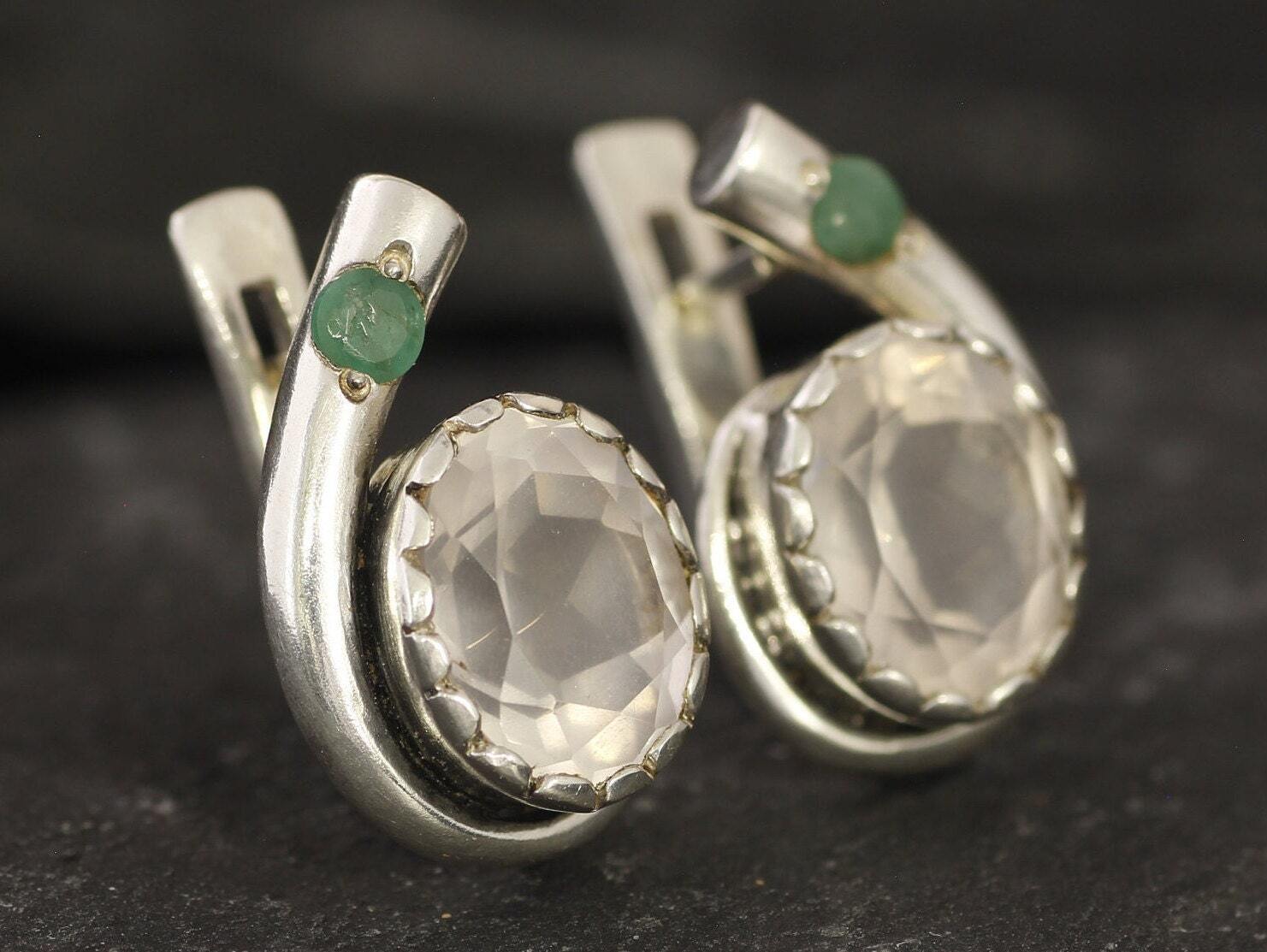 Rose Quartz Earrings, Natural Rose Quartz, Emerald Earrings, Natural Emerald, Pink Earrings, Vintage Earrings, Silver Earrings, Rose Quartz