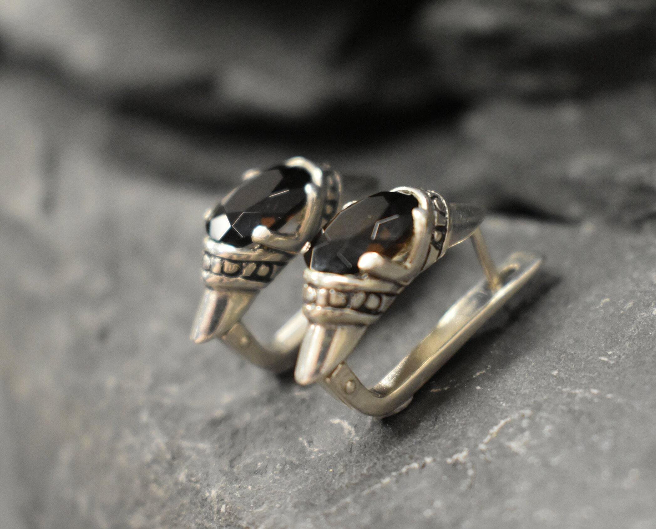 Smoky Topaz Earrings, Natural Smoky Topaz, Tribal Earrings, Large Stud Earrings, Boho Earrings, Long Studs, Brown Studs, Silver Earrings