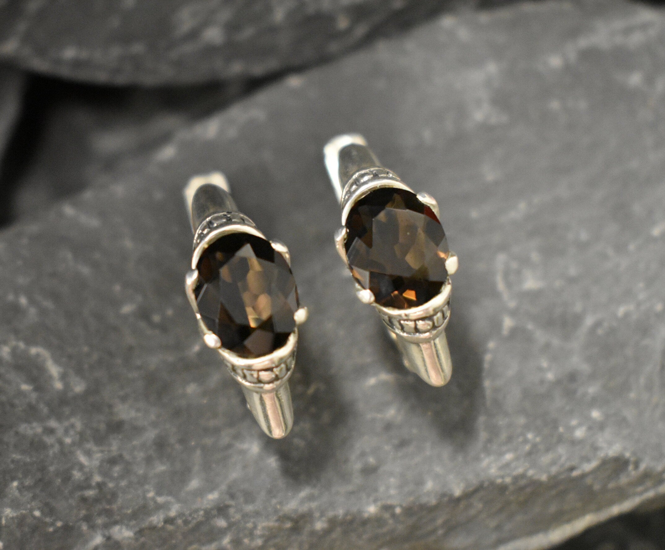 Smoky Topaz Earrings, Natural Smoky Topaz, Tribal Earrings, Large Stud Earrings, Boho Earrings, Long Studs, Brown Studs, Silver Earrings