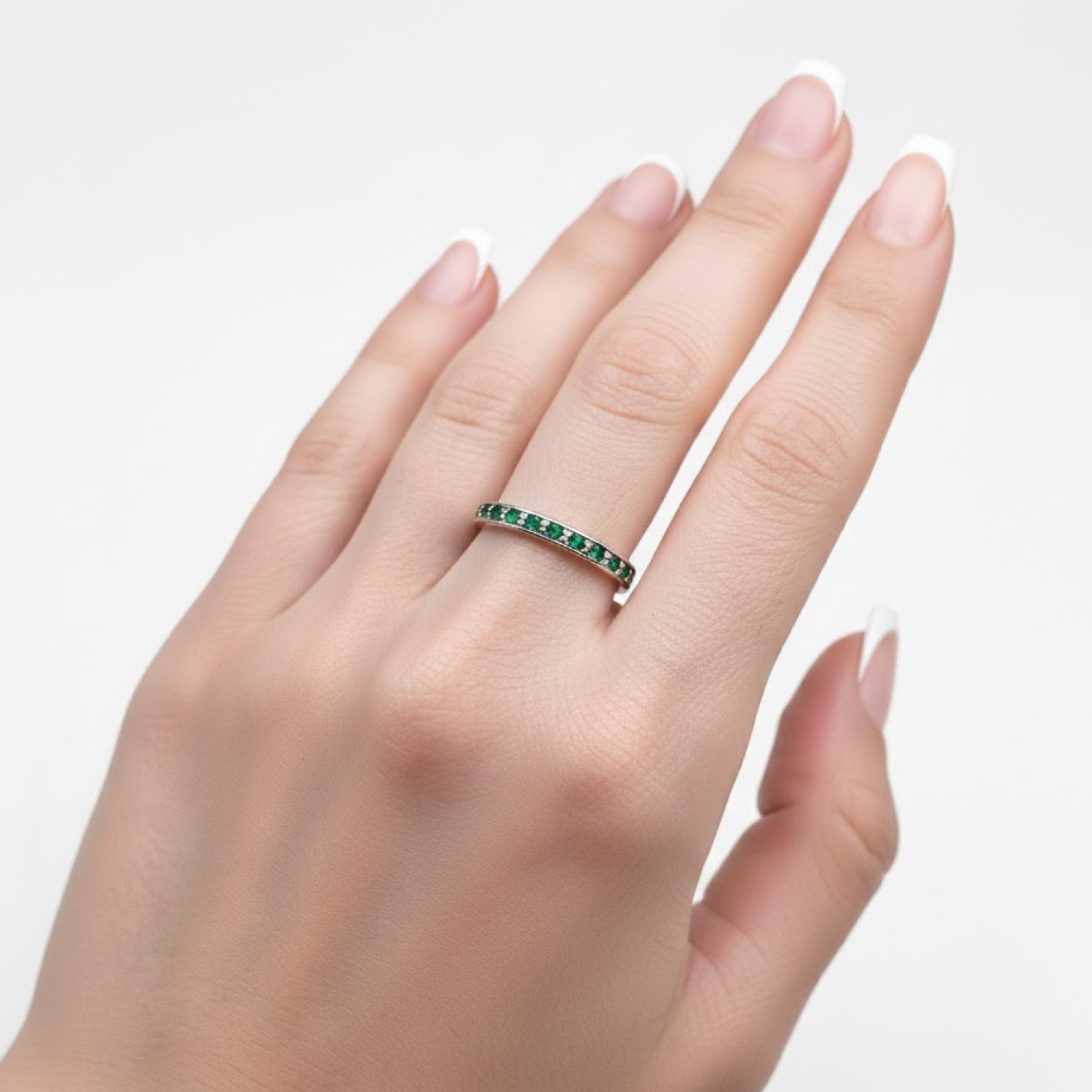 Beautiful 925 Sterling Silver ring showcasing a Round Created Green Emerald, a stylish choice for daily wear and celebrations.