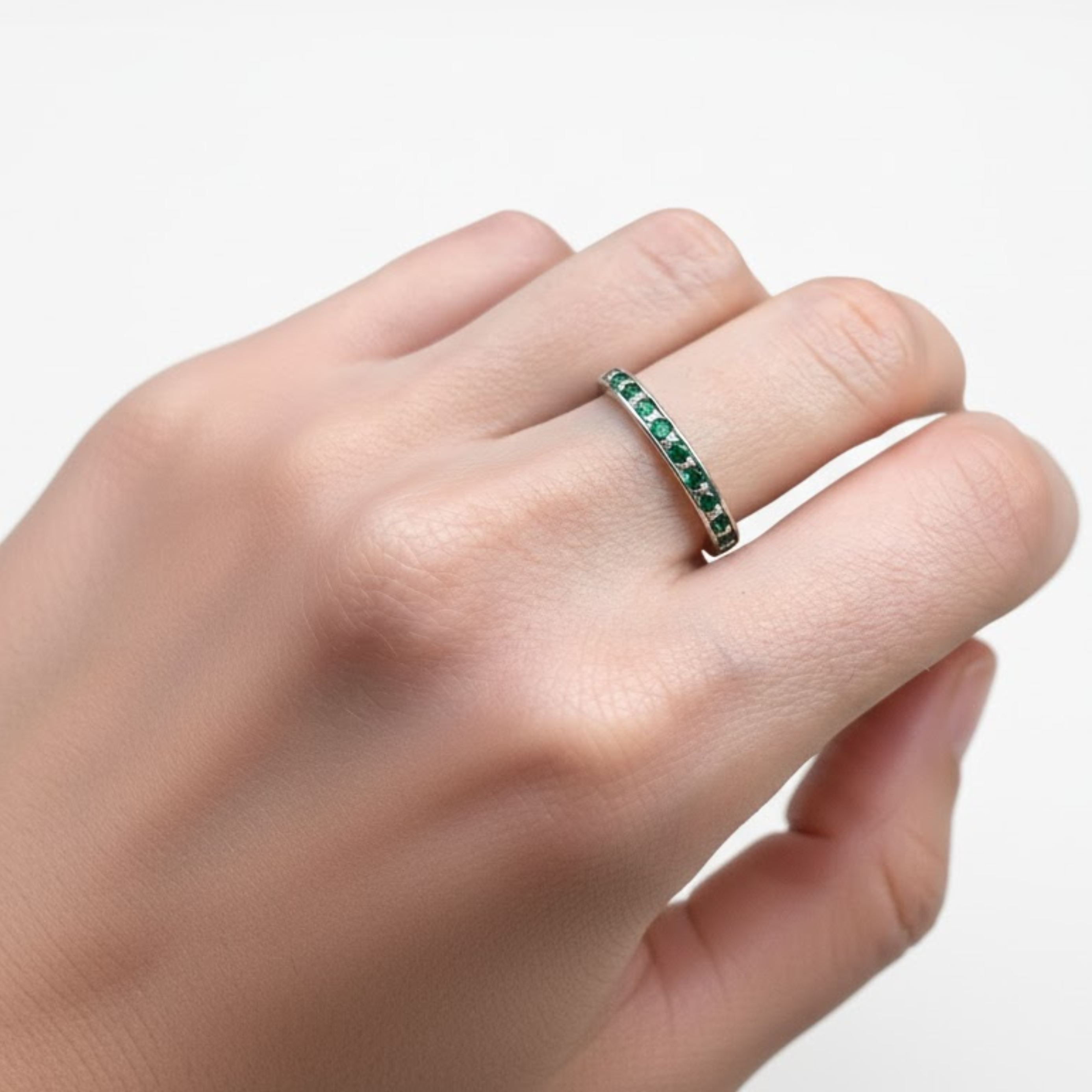 Elegant 925 Sterling Silver ring featuring a Round Created Green Emerald, perfect for May birthdays and special occasions.