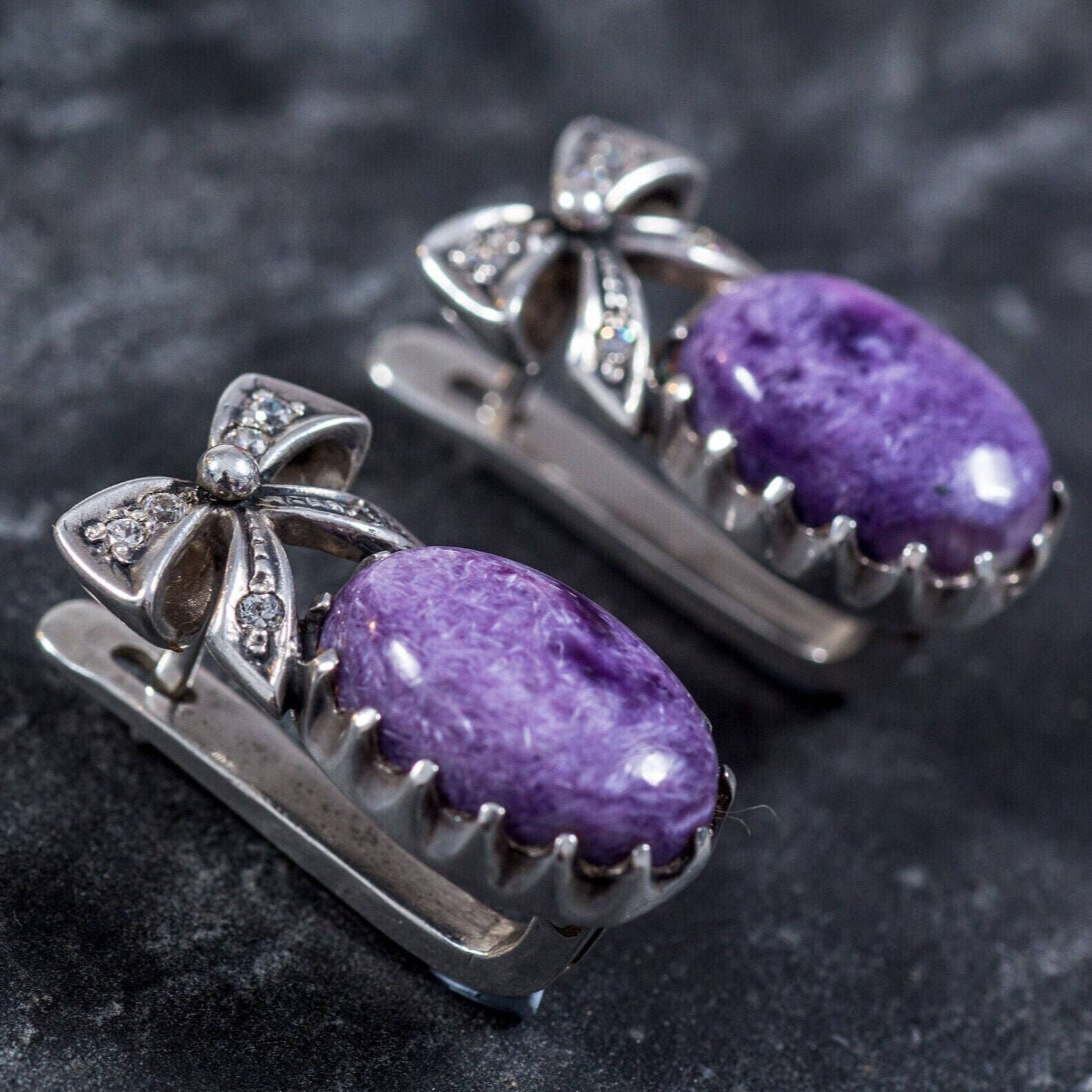 Charoite Earrings, Ribbon Earrings, Scorpio Birthstone, Heirloom Jewellery, Natural Charoite, Purple Earrings, Vintage Earrings, Gift