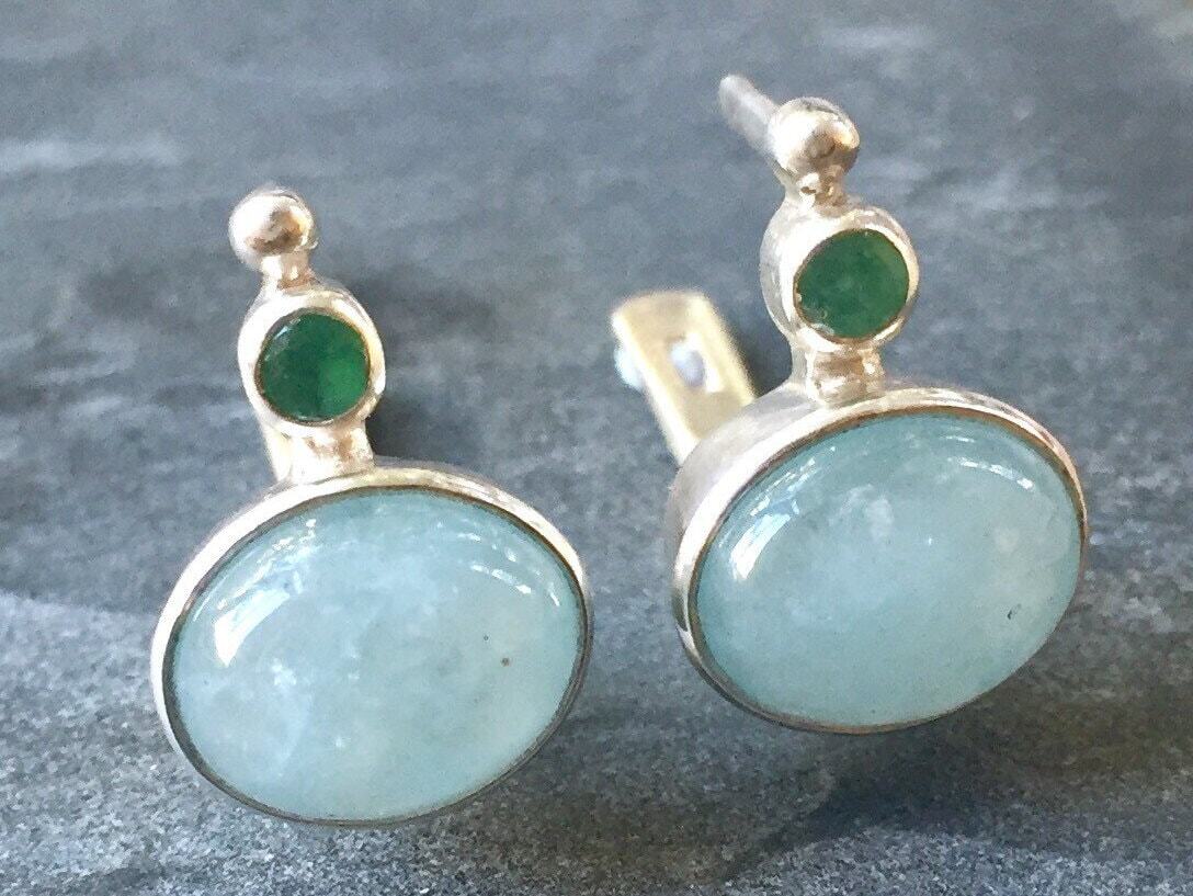 Aquamarine Earrings, Natural Aquamarine, Emerald Earrings, Natural Emerald, March Birthstone ,May Birthstone, Solid Silver, Silver Earrings