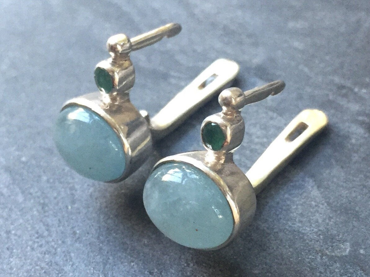 Aquamarine Earrings, Natural Aquamarine, Emerald Earrings, Natural Emerald, March Birthstone ,May Birthstone, Solid Silver, Silver Earrings