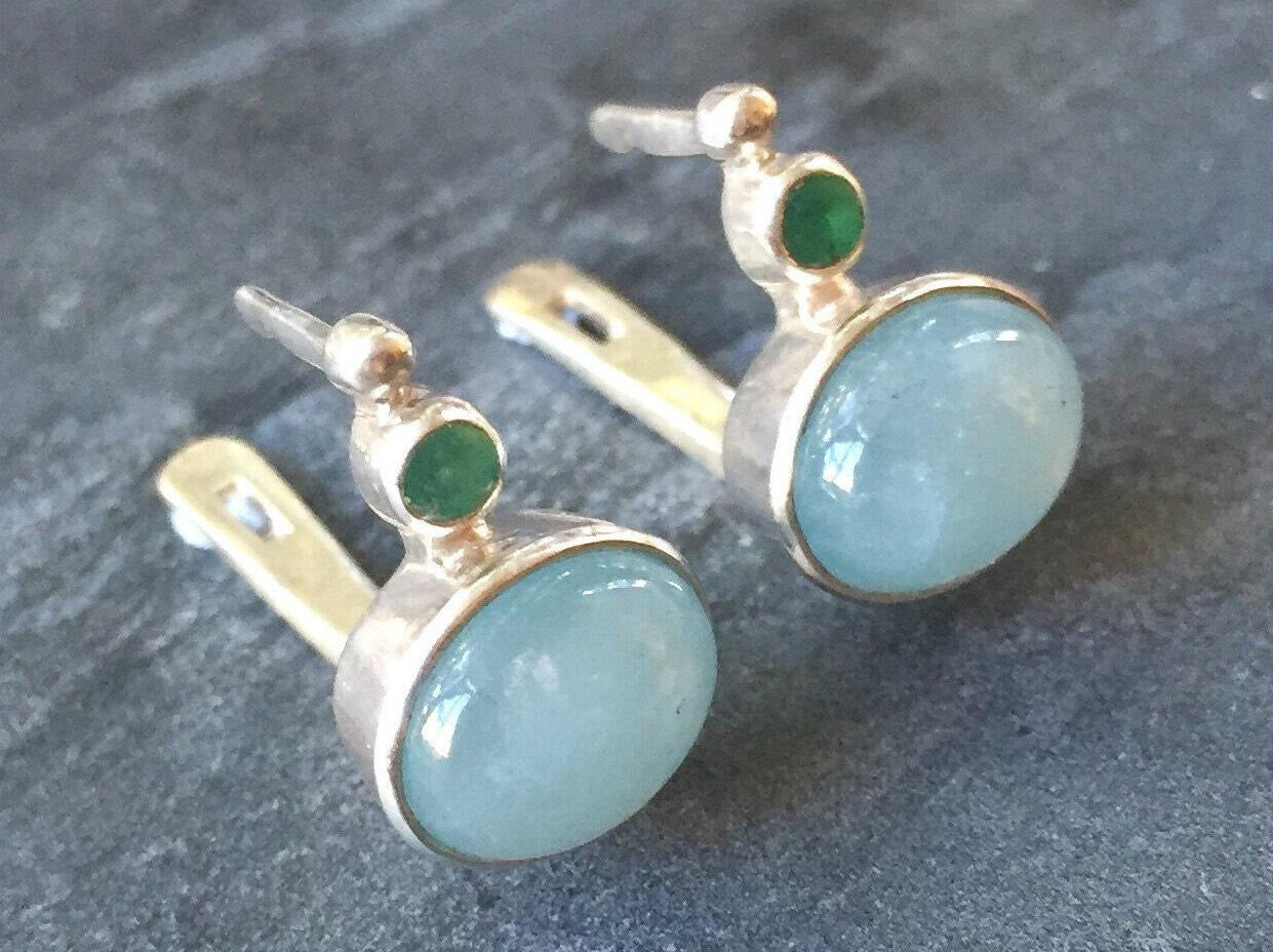 Aquamarine Earrings, Natural Aquamarine, Emerald Earrings, Natural Emerald, March Birthstone ,May Birthstone, Solid Silver, Silver Earrings