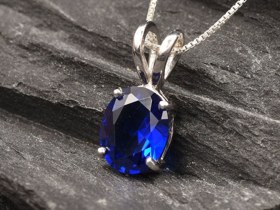 Sapphire Pendant, Created Sapphire, Blue Oval Pendant, 3 Carat Pendant, Sapphire Necklace, Dainty Blue Pendant, Simple Pendant, Solid Silver(2)