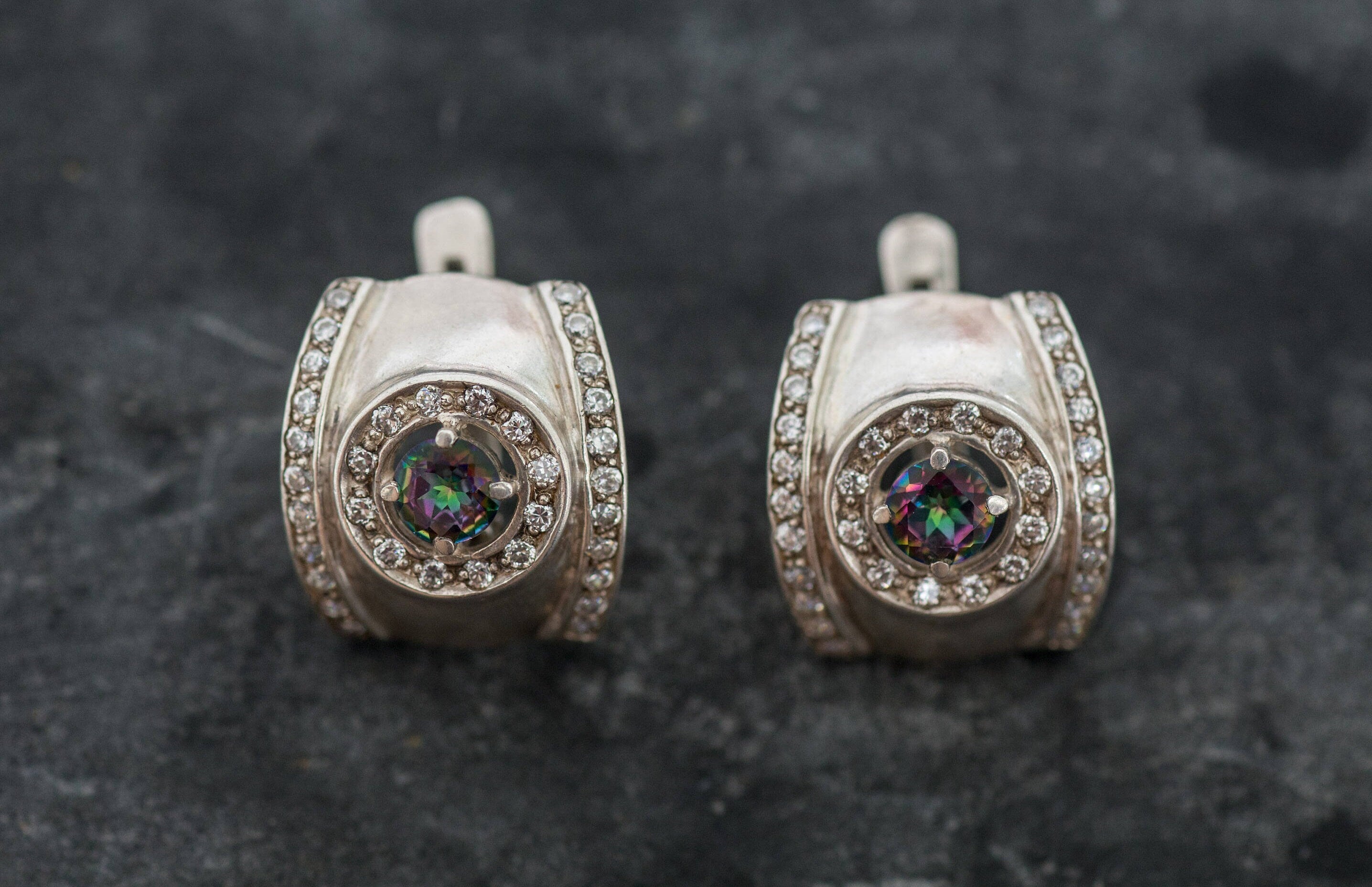 Mystic Topaz Earrings, Bezel Earrings, November Birthstone, Vintage Earrings, Wide Earrings, Natural Topaz, Birthstone Earrings,Mystic Topaz