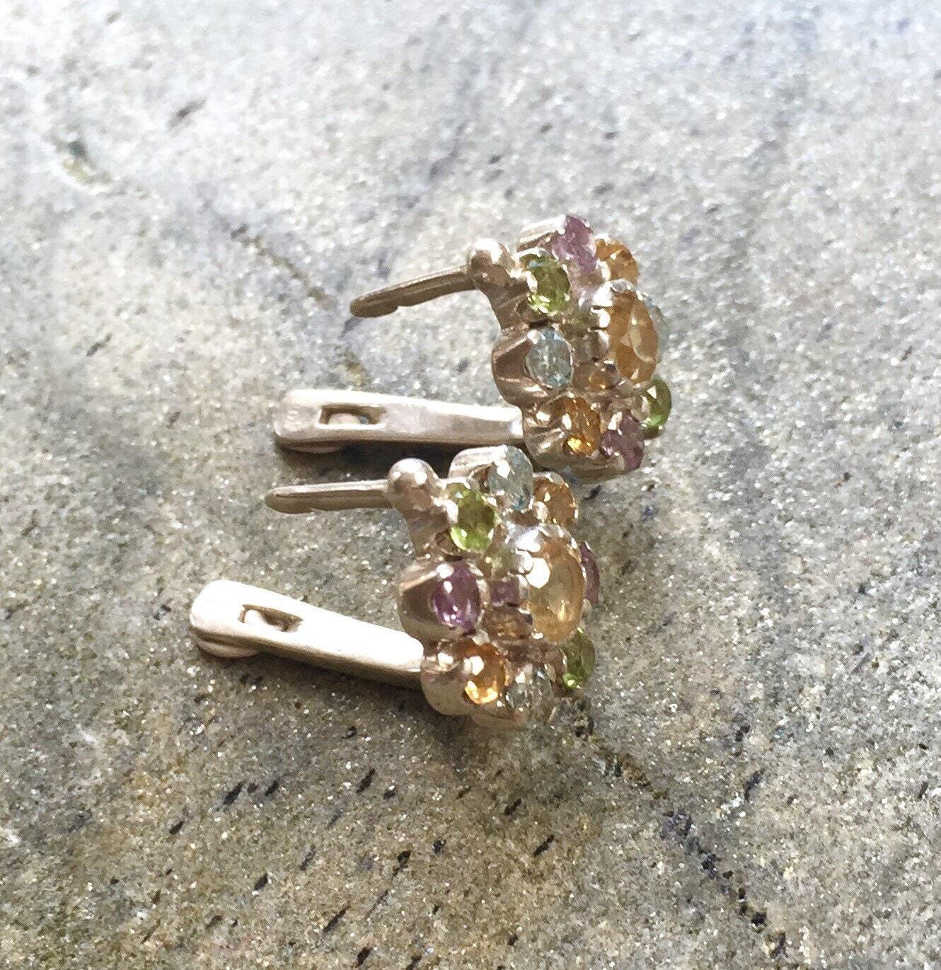 Flower Earrings, Citrine Earrings, Natural Stones, Topaz Earrings, Birthstone Earrings, Vintage Earrings, Amethyst, Peridot, Pure Silver
