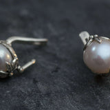 White Pearl Earrings - Pearl Statement Studs - Pearl Leaf Earrings