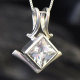 Square Diamond Necklace - Created CZ Diamond Pendant - Asymmetric Silver Necklace