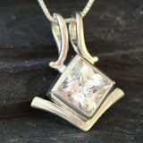 Square Diamond Necklace - Created CZ Diamond Pendant - Asymmetric Silver Necklace