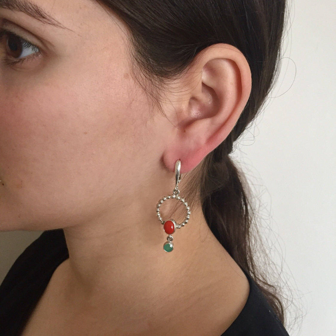 Coral Earrings, Red Coral Earrings, Natural Coral, Long Earrings, Round Earrings, Emerald Earrings, Natural Emerald, May Birthstone, Silver