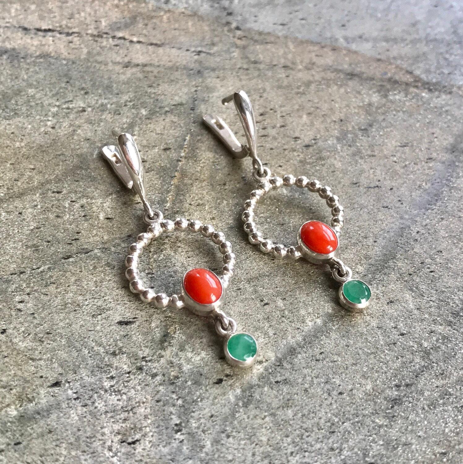 Coral Earrings, Red Coral Earrings, Natural Coral, Long Earrings, Round Earrings, Emerald Earrings, Natural Emerald, May Birthstone, Silver