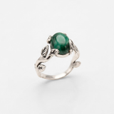 Natural Malachite Ring - Green Solitaire Ring - Vintage Leaf Ring