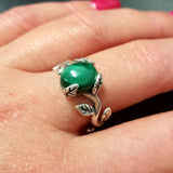 Natural Malachite Ring - Green Solitaire Ring - Vintage Leaf Ring