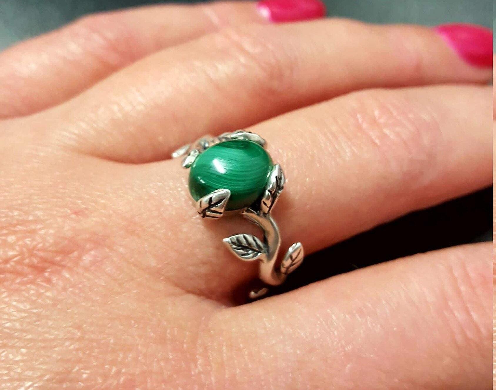 Branch Ring, Natural Malachite, Artisan Ring, Floral Ring, Leaf Ring, Green Vintage Ring, Malachite Ring, Flower Ring, Solid Silver Ring