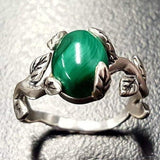 Natural Malachite Ring - Green Solitaire Ring - Vintage Leaf Ring