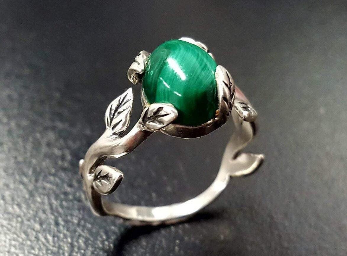 Branch Ring, Natural Malachite, Artisan Ring, Floral Ring, Leaf Ring, Green Vintage Ring, Malachite Ring, Flower Ring, Solid Silver Ring
