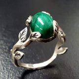 Natural Malachite Ring - Green Solitaire Ring - Vintage Leaf Ring