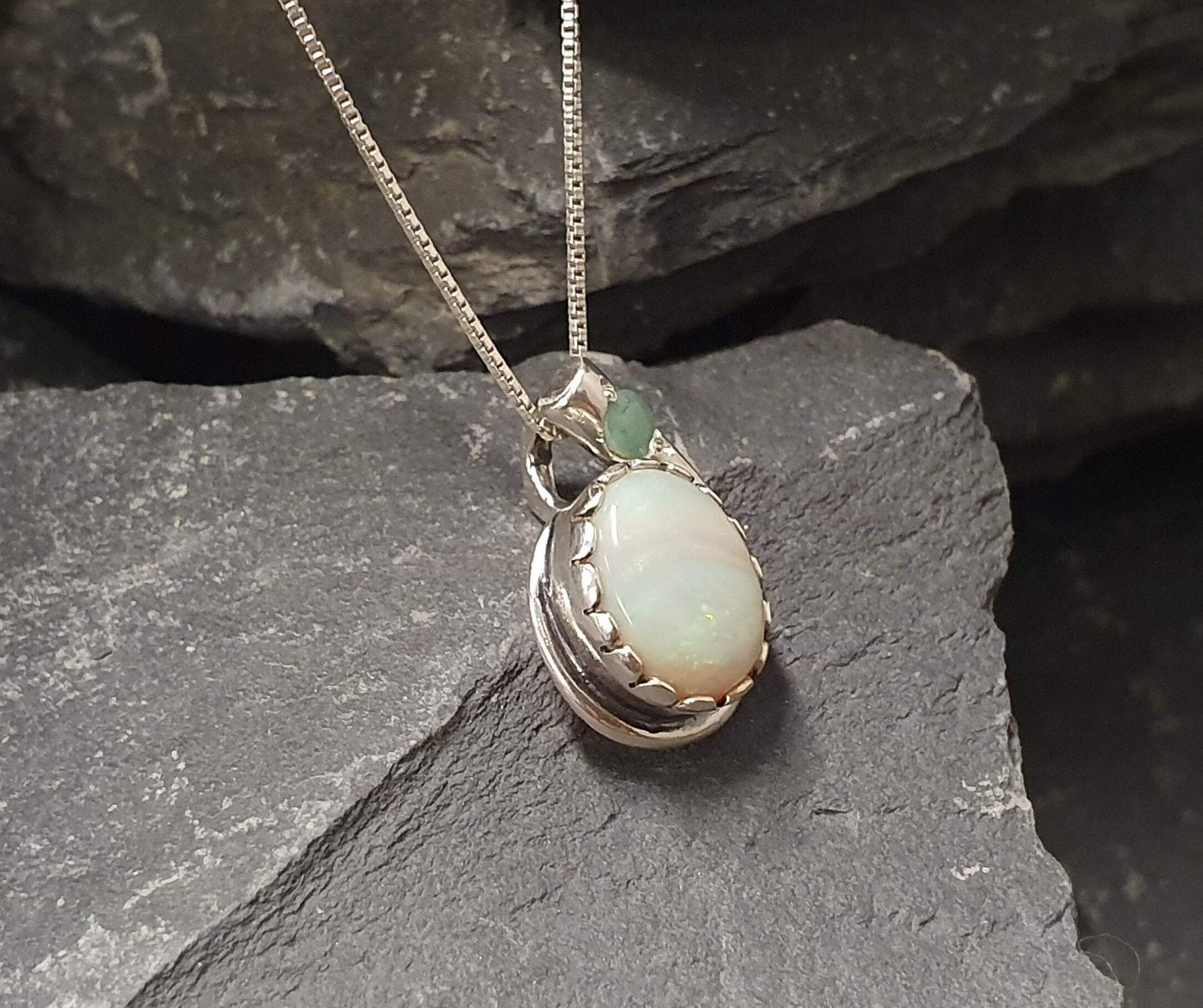 Opal Pendant, Natural Australian Opal, Teardrop Pendant, Vintage Pendant, October Birthstone, White Pendant, Solid Silver Pendant, Emerald