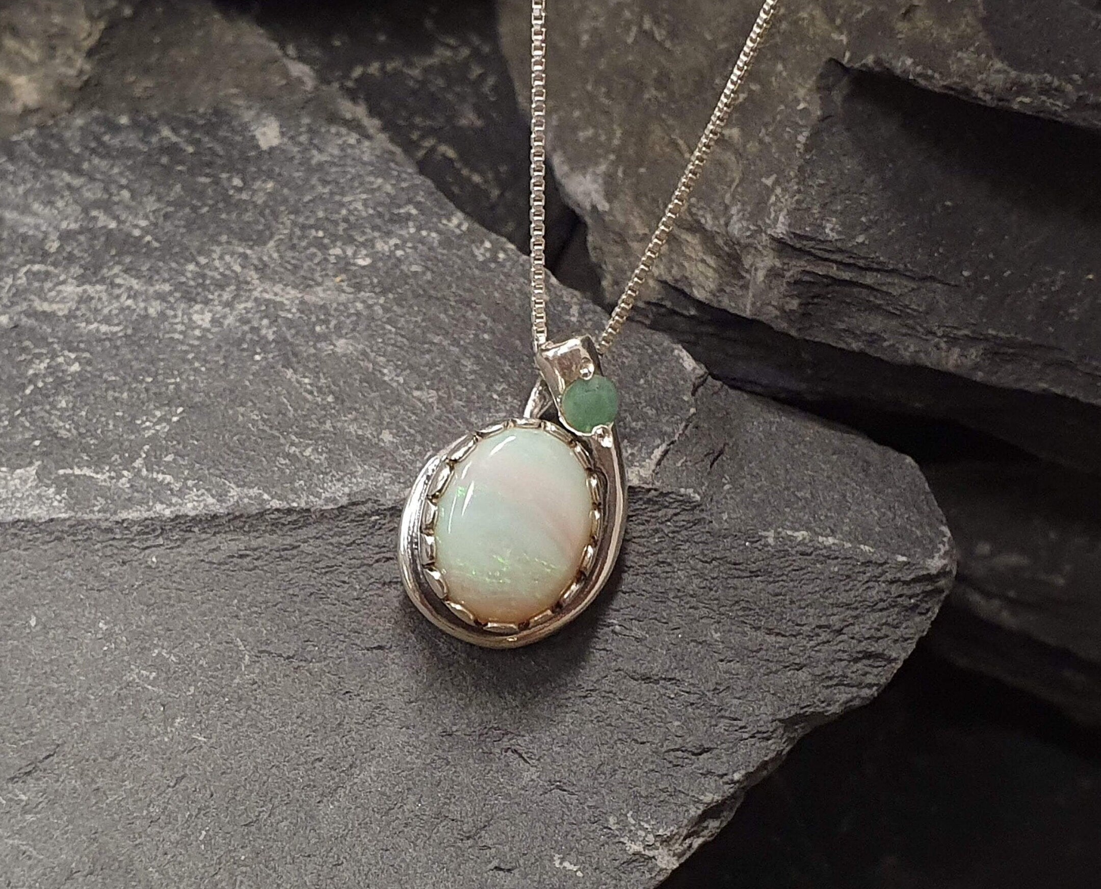 Opal Pendant, Natural Australian Opal, Teardrop Pendant, Vintage Pendant, October Birthstone, White Pendant, Solid Silver Pendant, Emerald