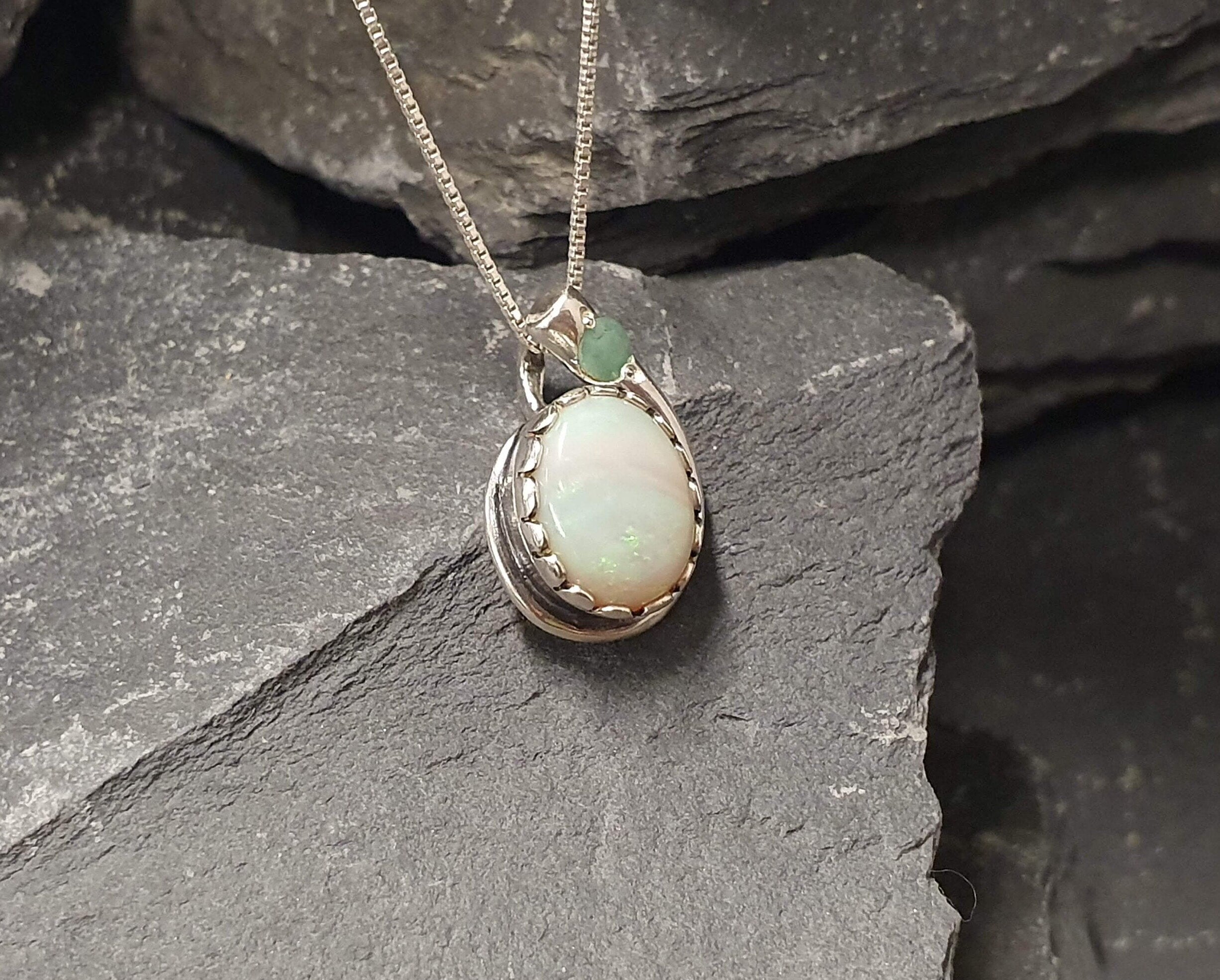 Opal Pendant, Natural Australian Opal, Teardrop Pendant, Vintage Pendant, October Birthstone, White Pendant, Solid Silver Pendant, Emerald