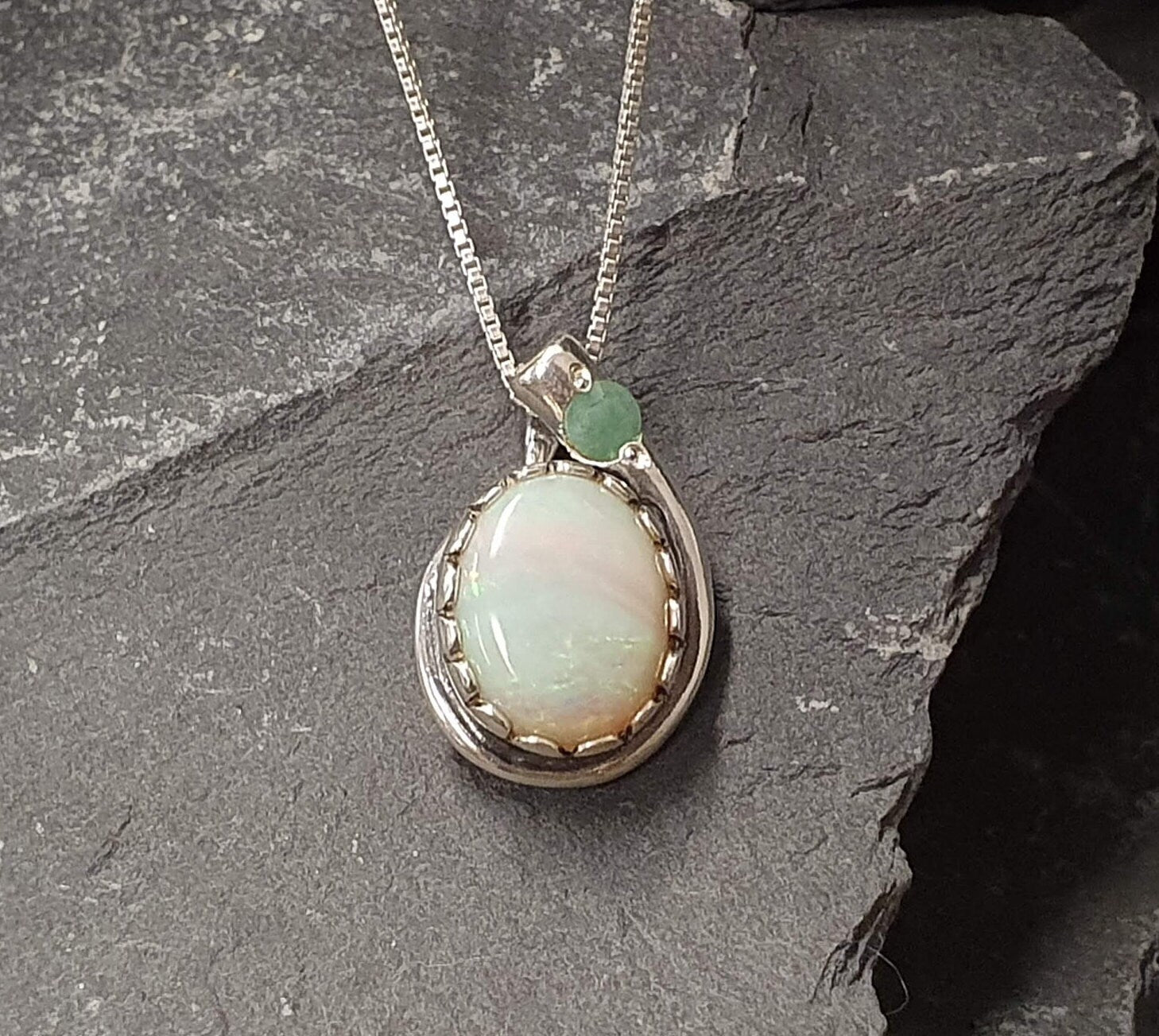 Opal Pendant, Natural Australian Opal, Teardrop Pendant, Vintage Pendant, October Birthstone, White Pendant, Solid Silver Pendant, Emerald