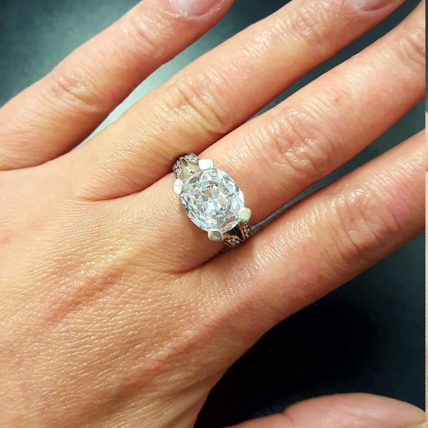 Diamond Ring, Created Diamond, Horizontal Ring, Vintage Diamond Ring, White Ring, Vintage Ring, Solid Silver Ring, Sparkling Ring, Diamond