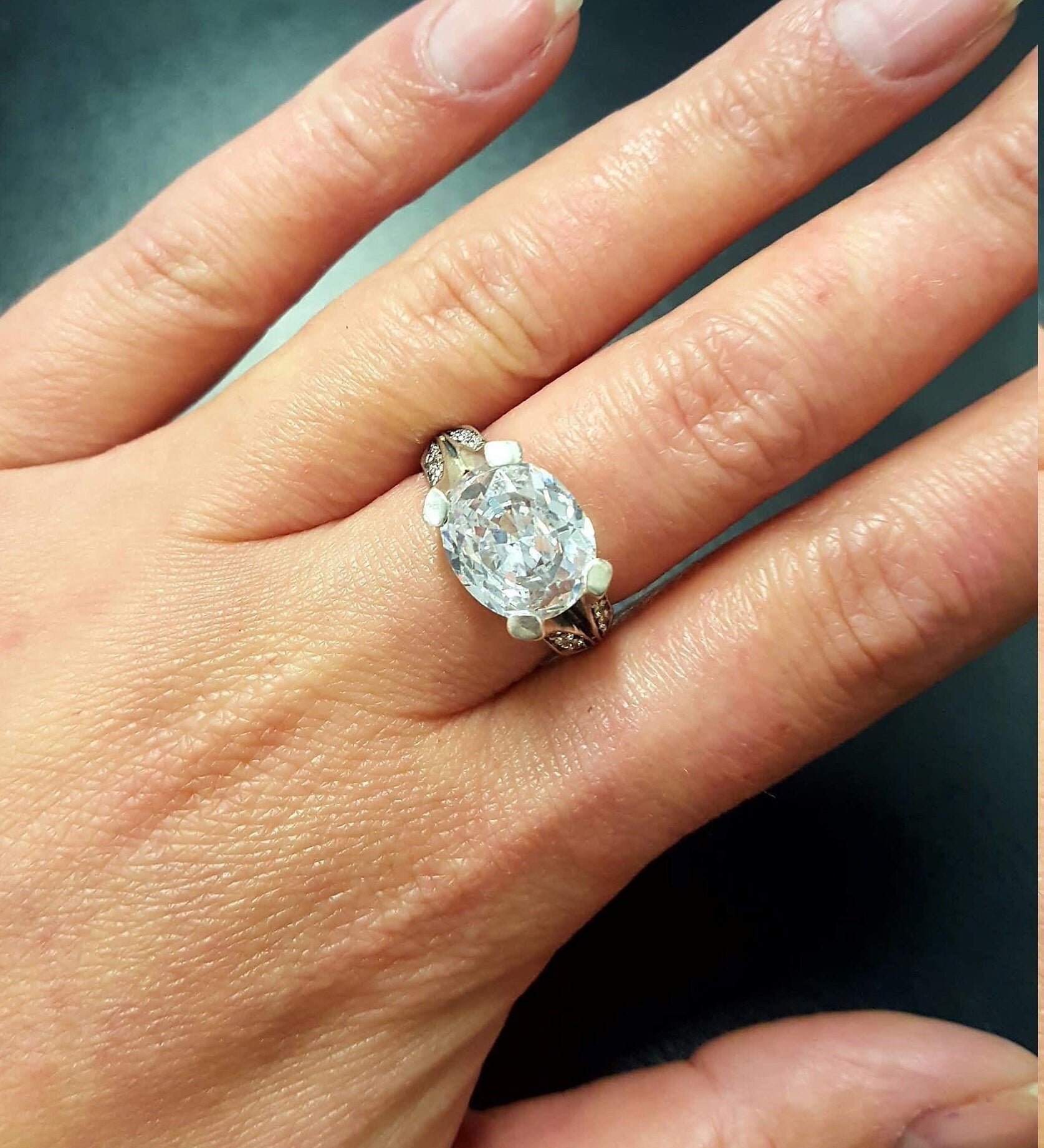 Diamond Ring, Created Diamond, Horizontal Ring, Vintage Diamond Ring, White Ring, Vintage Ring, Solid Silver Ring, Sparkling Ring, Diamond