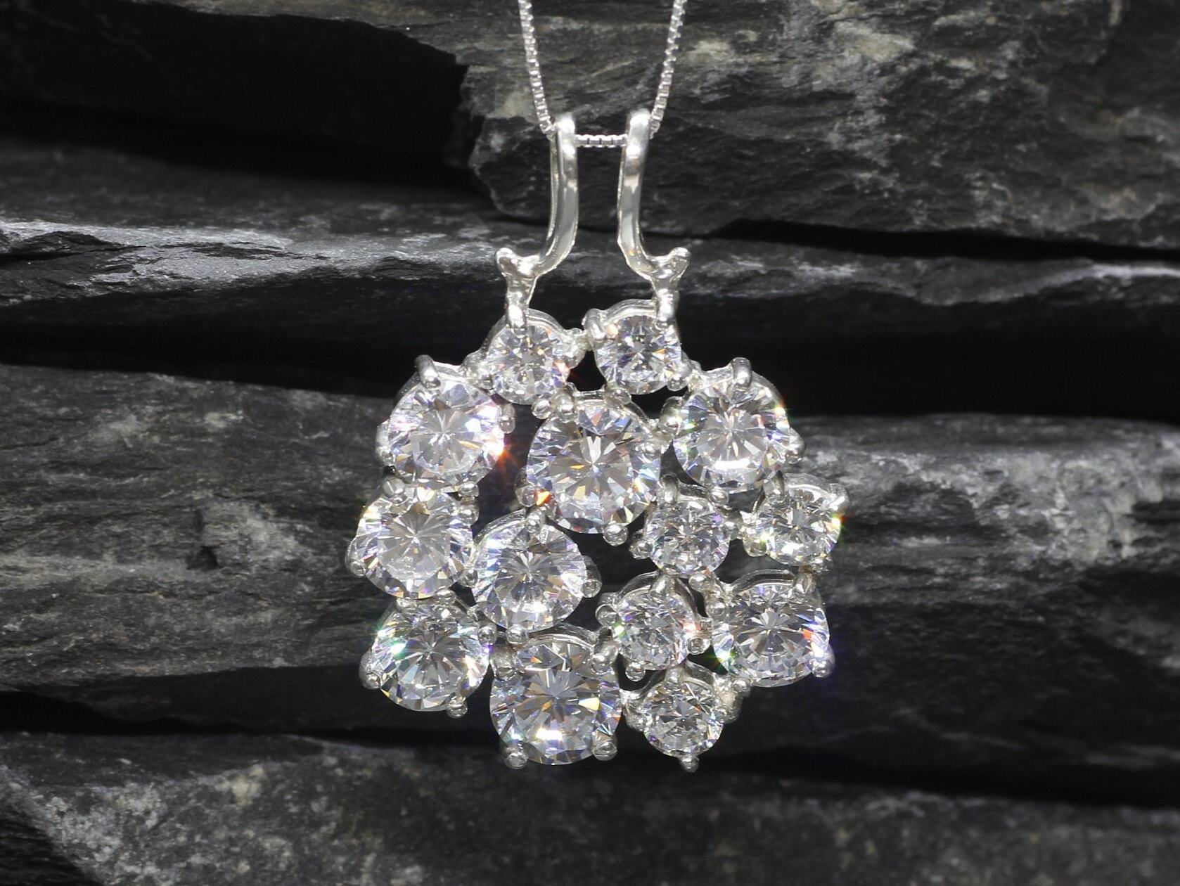 Large Diamond Pendant, Created CZ Diamond, Statement Pendant, Sparkly Pendant, Unique Pendant, Multistone Necklace, Solid Silver Pendant