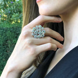 Diamond Cocktail Ring - Statement Flower Ring - Diamond Silver Ring