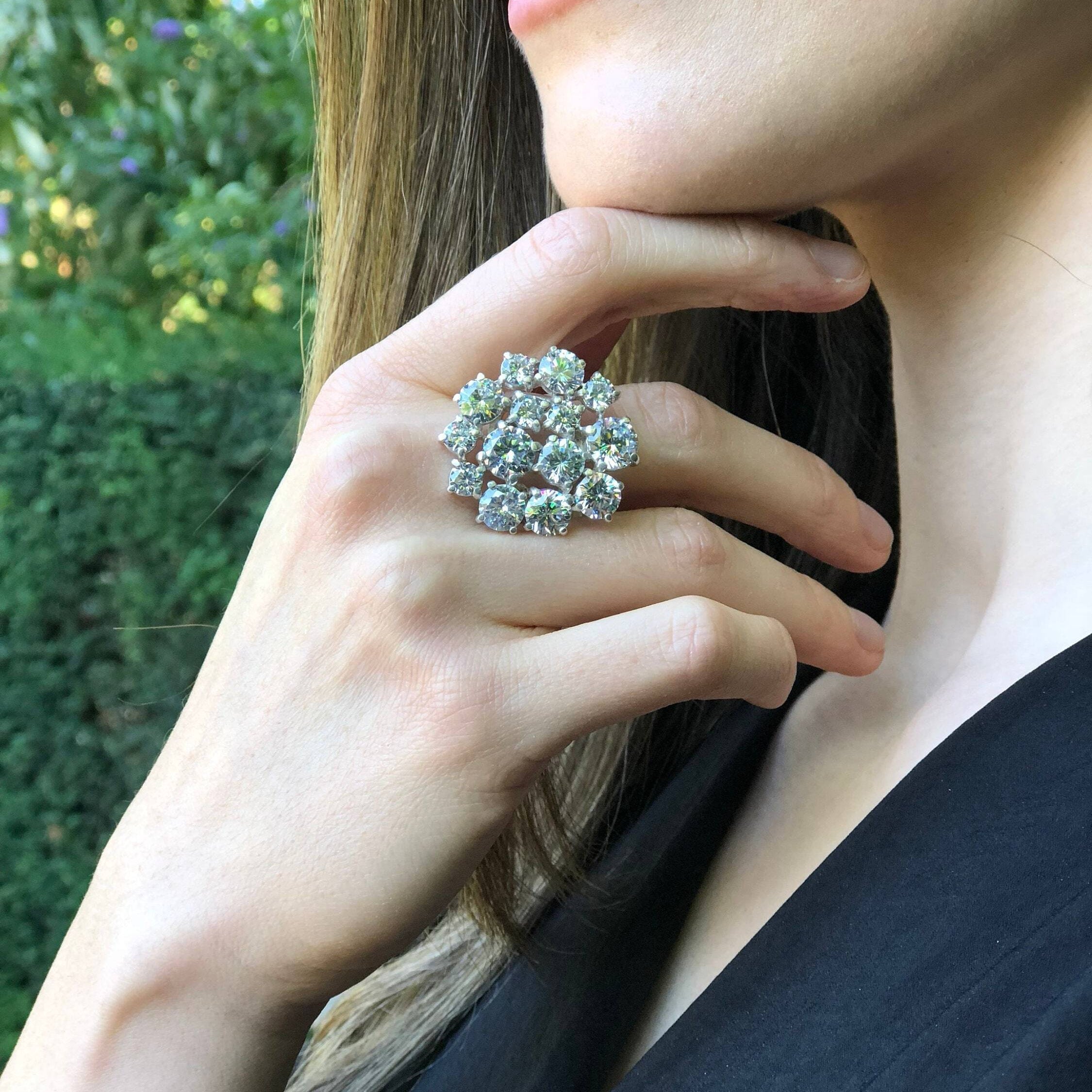 Cocktail Ring, Diamond Ring, Created Diamond Ring, Statement Ring, Flower Ring, Sparkly Ring, White Ring, Solid Silver Ring, Zircon Ring