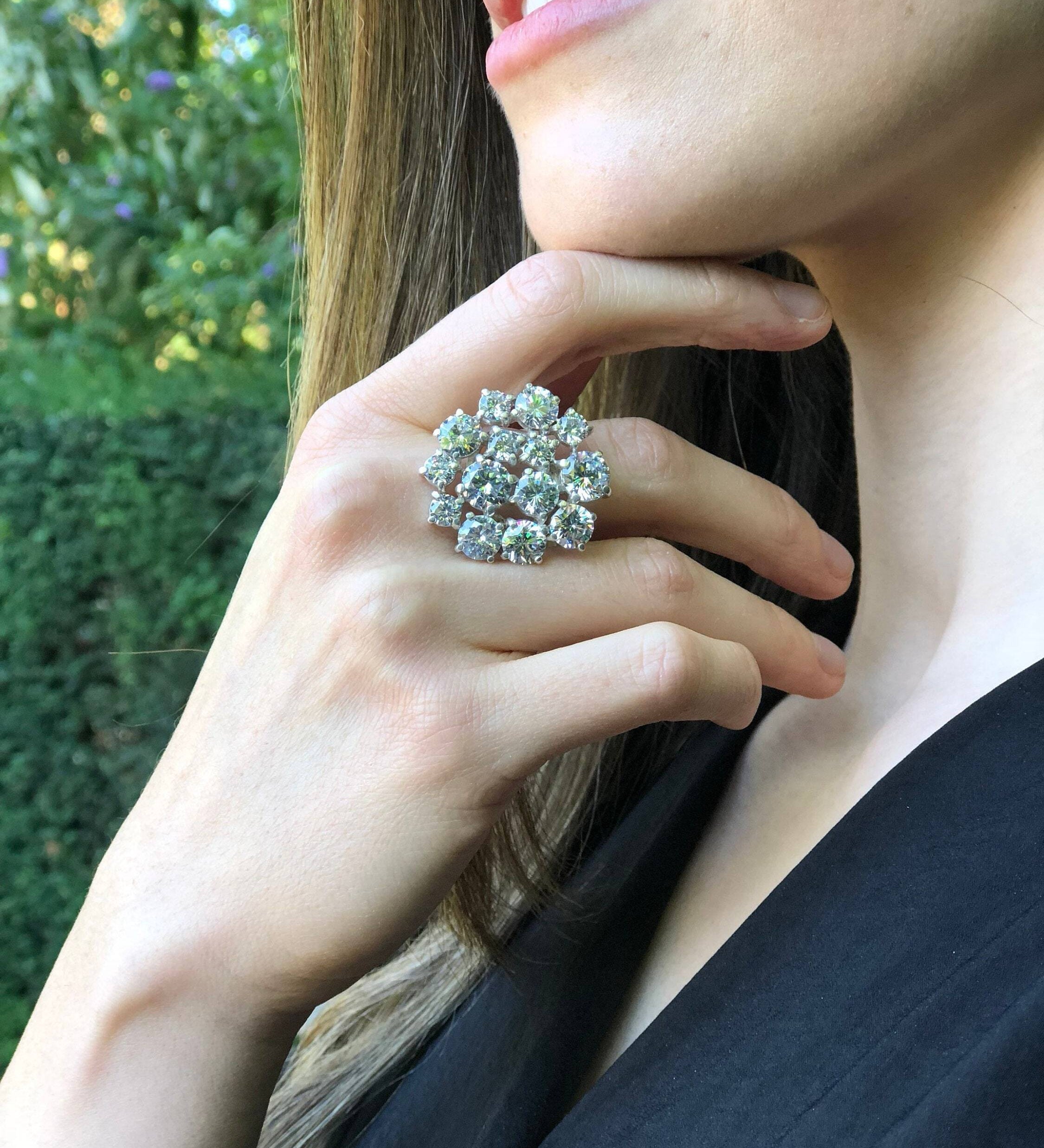 Cocktail Ring, Diamond Ring, Created Diamond Ring, Statement Ring, Flower Ring, Sparkly Ring, White Ring, Solid Silver Ring, Zircon Ring