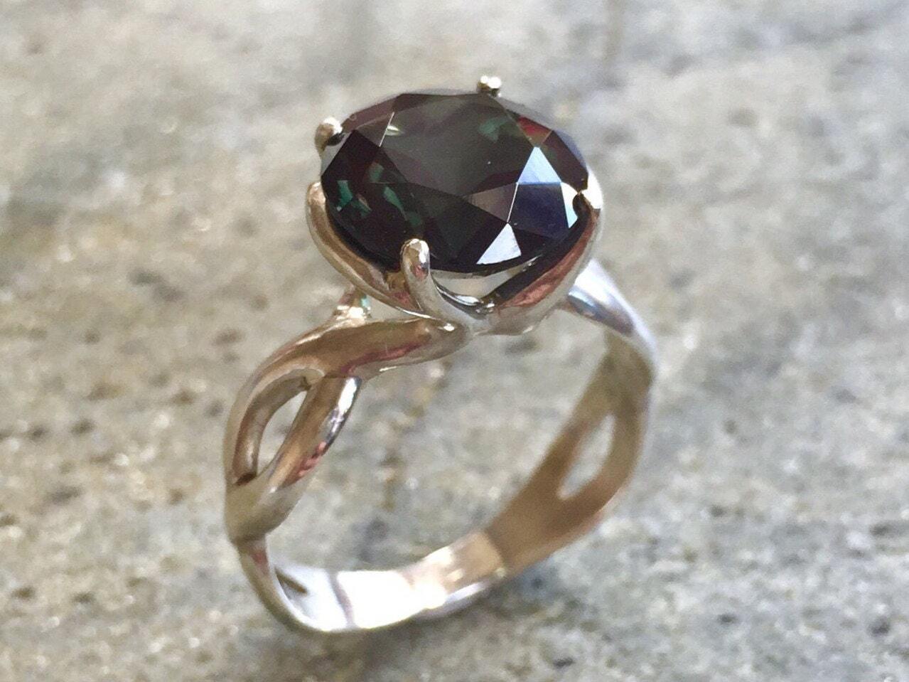 Promise Ring, Created Green Diamond, Green Diamond Ring, Engagement Ring, Dark Green Ring, High Setting Ring, Intertwined Ring, 925 Silver