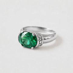 Created Emerald Ring made in 925 Sterling Silver with Oval Created Green Emerald in Solitaire setting, May Birthstone gift idea, symbolizes, ideal for everyday wear and perfect for birthday gifting and special occasions.