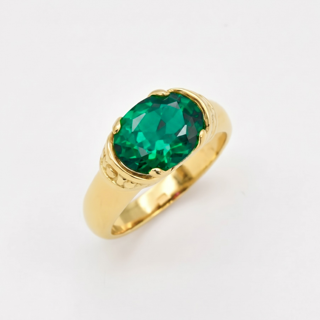 Created Emerald Ring made in 18k Gold Vermeil with Oval Created Green Emerald in Solitaire setting, May Birthstone gift idea, symbolizes, ideal for everyday wear and perfect for birthday gifting and special occasions.