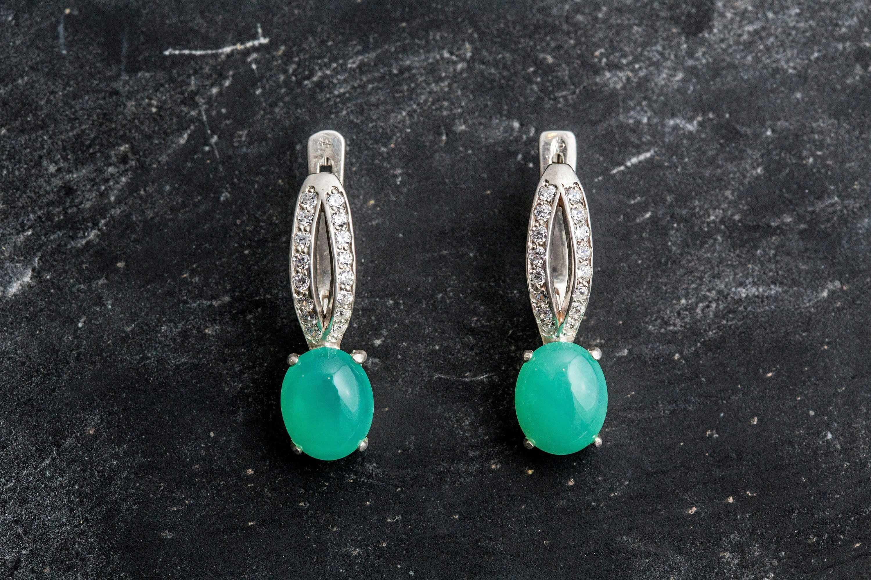 Chrysoprase Earrings, Natural Chrysoprase, Green Chrysoprase, May Birthstone, Vintage Earrings, Green Earrings, Silver Earrings, Chrysoprase