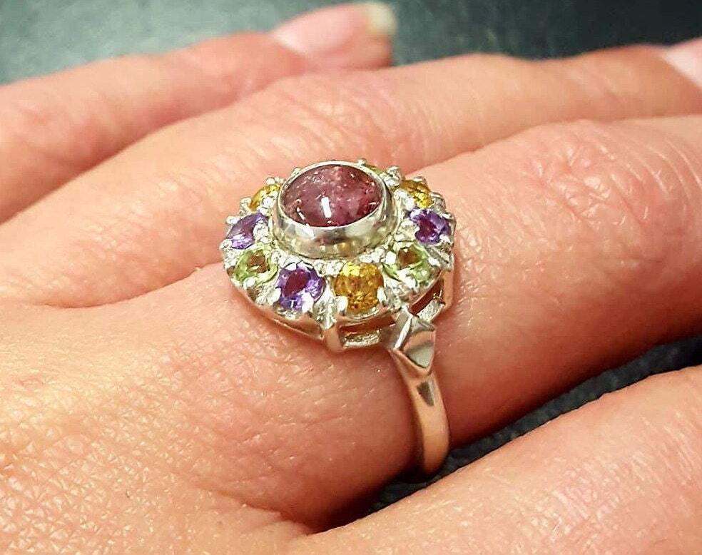 Tourmaline Ring, Natural Tourmaline, Victorian Ring, Multistone Ring, Flower Ring, October Ring, Vintage Flower Ring, Sterling Silver Ring