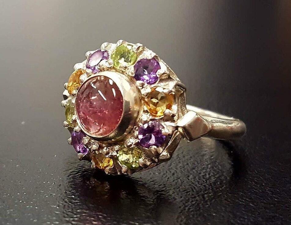 Tourmaline Ring, Natural Tourmaline, Victorian Ring, Multistone Ring, Flower Ring, October Ring, Vintage Flower Ring, Sterling Silver Ring