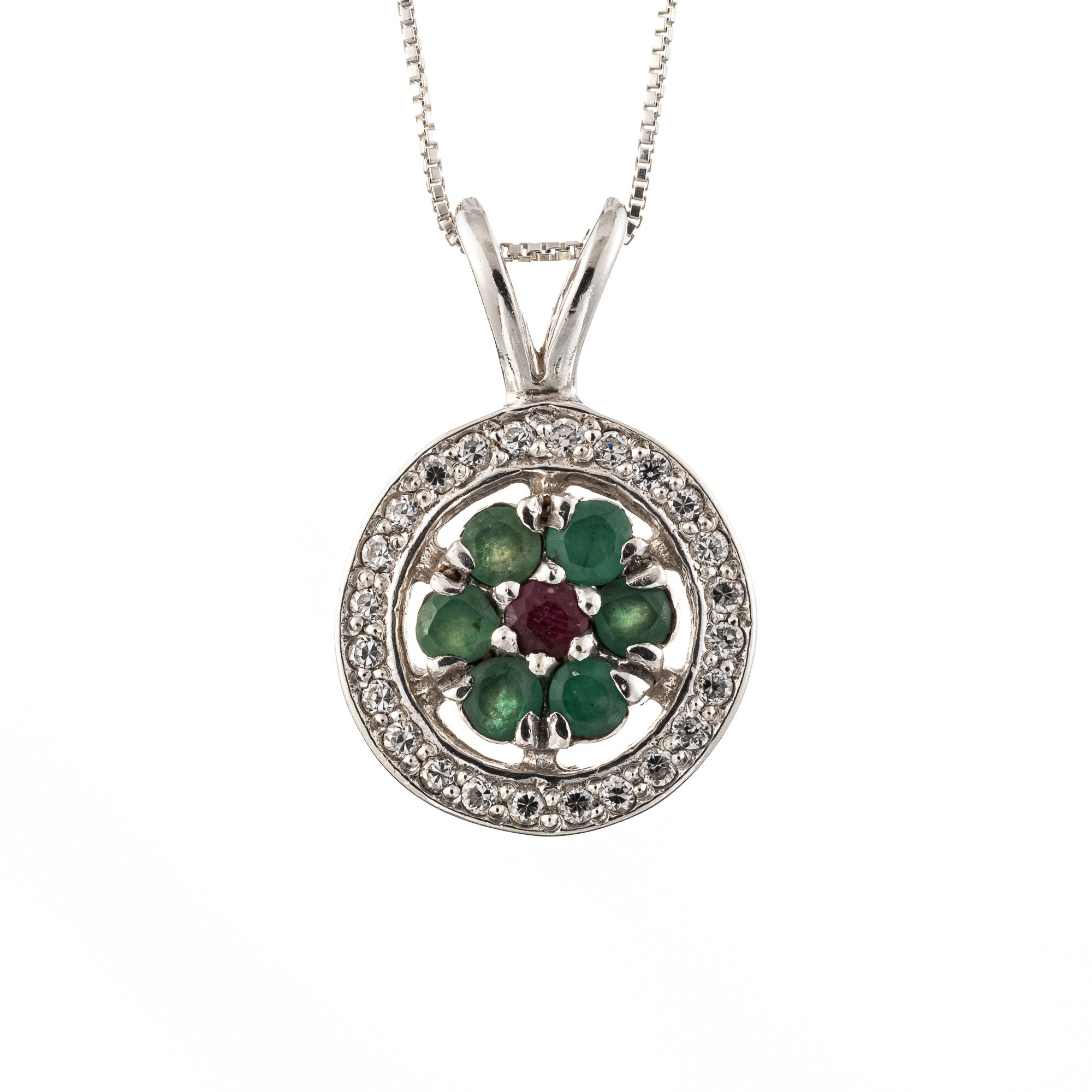 Emerald Pendant, Ruby Pendant, Flower Pendant, Natural Emerald, May Birthstone, Vintage Pendant, Silver Pendant, Real Emerald, Emerald, Ruby