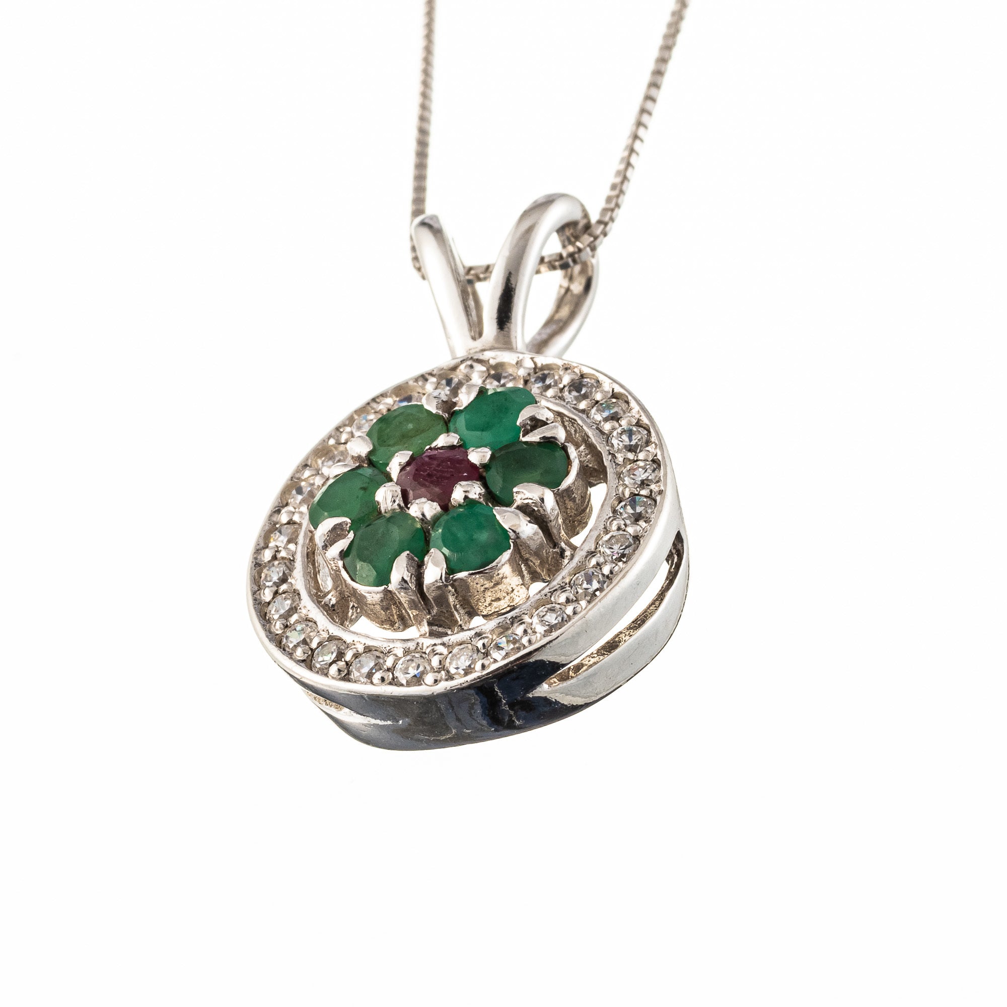 Emerald Pendant, Ruby Pendant, Flower Pendant, Natural Emerald, May Birthstone, Vintage Pendant, Silver Pendant, Real Emerald, Emerald, Ruby